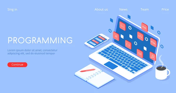 Tarz vektörü izometrik 3d programlama, iş illüstrasyonunda programcı.