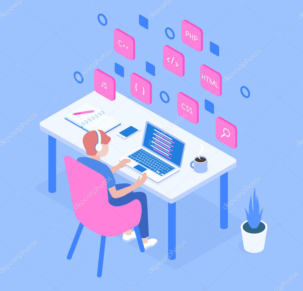 Vector of Stylish vector isometric 3d Programming, programmer at work illustration. Stylish vector isometric 3d Programming, programmer at work illustration. stock vector