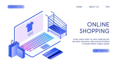 Çevrimiçi alışveriş konsepti. İnternet üzerinden online alışverişler. Dizüstü bilgisayar beyaz bir arka planda, yanında paketler, bir tramvay ve bir kredi kartı var.