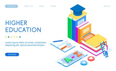 Yüksek öğrenim kavramı. Bir öğrenci, yakındaki izometrik vektörde duran bir akıllı telefon ve yüksek lisans şapkasıyla bir yığın kitabın üzerine çıkıyor.