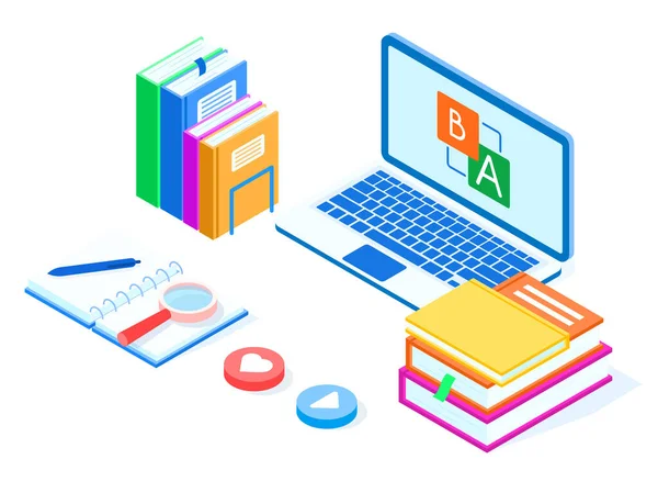 Online Oktatási Nyelvi Koncepció Laptop Köteg Könyvek Nagyítóval Gombbal Szívvel — Stock Vector