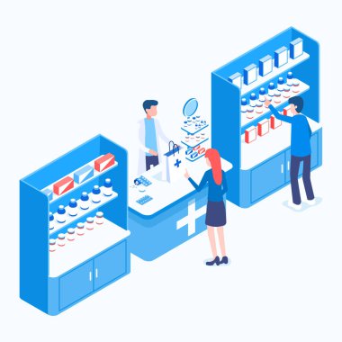 Satıcı ve alıcılarla mavi eczane kavramı. Çeşitli ilaçlar ve soğuk çareler izometrik vektör çizimi