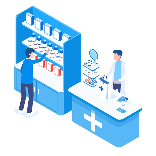 Concepto Una Farmacia Azul Con Vendedor Compradores Varios Medicamentos Remedios — Vector de stock