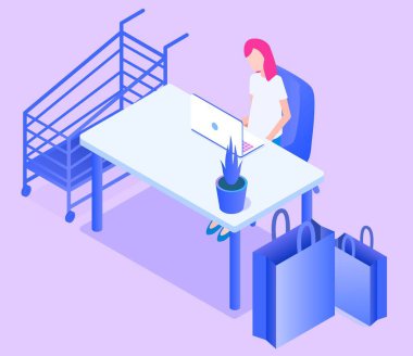 İnternetten alışveriş konsepti. Alışveriş sepeti ve elbise askıları. İzometrik vektör