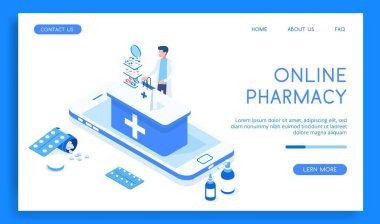 Satıcıyla mavi eczane konsepti. Soğuk algınlığı izometrik vektör illüstrasyonu için çeşitli ilaç ve ilaçlar