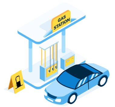 Arabalar için mavi benzin istasyonu. Mavi araba benzin istasyonuna vardı. Sarı illüstrasyonlu Benzin İstasyonu.