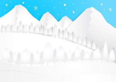 kar ve mavi arka plan, chrismas arka plan, vektör, kopya alanı metin, illüstrasyon, kağıt kesiği için birçok ağaç kış sezon arka plan
