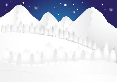 kış sezonu gece arka plan ile kar ve mavi arka plan, chrismas arka plan, vektör, kopya alanı için metin, illüstrasyon, birçok ağaç, kağıt kesme