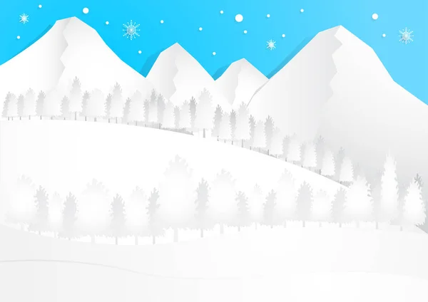 Inverno temporada fundo com neve e muitas árvores em fundo azul, fundo de crismas, vetor, espaço de cópia para texto, ilustração, corte de papel — Vetor de Stock