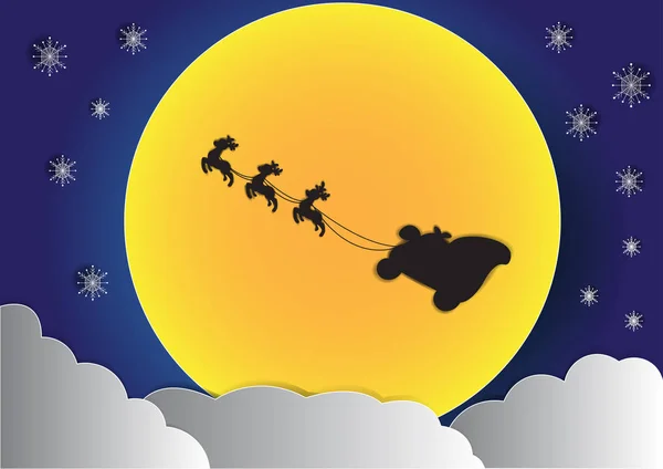 大きな月と雲の背景、クリスマスの背景、ベクトル、テキスト、イラスト、切り絵、折り紙のコピー スペースが付いている空のトナカイ — ストックベクタ