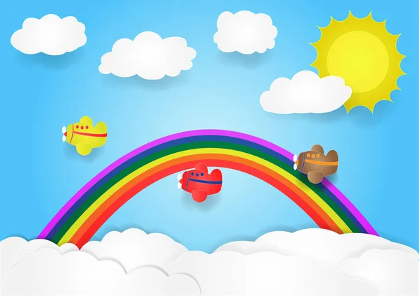 Bulut ve gökkuşağı, vektör, metin, illüstrasyon, kağıt sanat ve origami stil, çocuk kitabı için kopya alanı ile gökyüzünde uçak fly — Stok Vektör