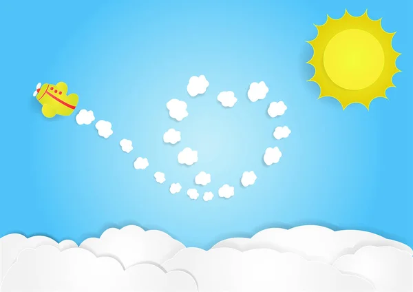 Uçak sinek gökte bulut kalp şekli ile vektör, kopyalama alanı için metin, illüstrasyon, kağıt sanat ve origami stil, çocuk kitabı — Stok Vektör