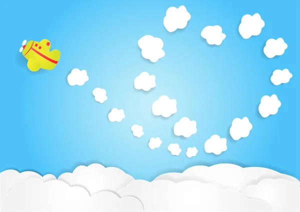 Uçak sinek gökte bulut kalp şekli ile vektör, kopyalama alanı metin, illüstrasyon, kağıt sanat ve origami — Stok Vektör