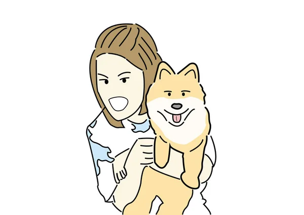 Main dessiner femme étreinte chien poméranien avec fond blanc, dessin animé — Image vectorielle