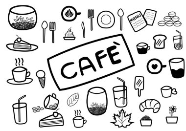 soyut el içinde kahve ve gıda caf doodle çizgi çizmek mi? Beyaz arka plan, vektör, illüstrasyon, karikatür kavramı