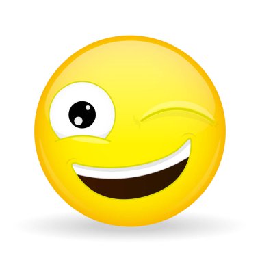 Wink emoji. Mutlu duygu. İpucu güçlü duygu. Karikatür tarzı. Vektör çizim gülümseme simgesi.