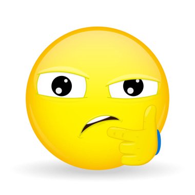 Emoji şüphe. Duygu güvensizlik. Şüphelenen güçlü duygu. Karikatür tarzı. Vektör çizim gülümseme simgesi.