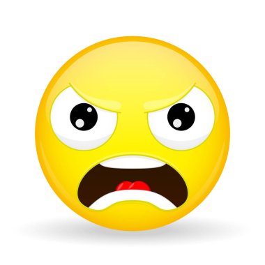 Kızgın emoji. Duygu öfke. Kötü güçlü duygu. Karikatür tarzı. Vektör çizim gülümseme simgesi.