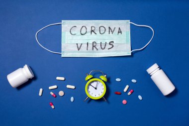 coronavirus text written on medical masks and alarm clock clipart