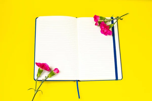 Flores de clavel rosa con cuaderno sobre fondo amarillo . —  Fotos de Stock