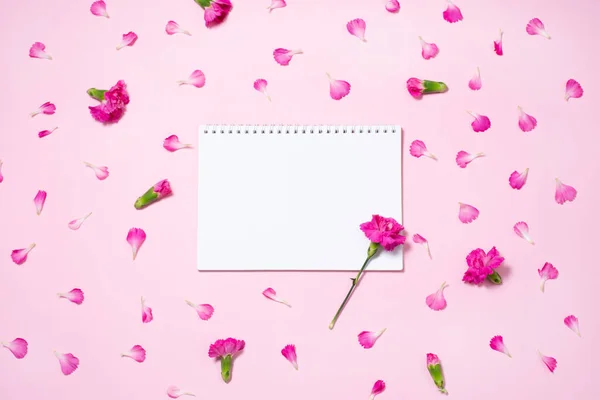 Flores y pétalos de clavel rosa con cuaderno abierto — Foto de Stock