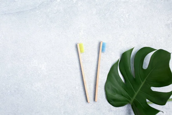 Bamboo toothbrushes and green leafs on stone table — Stock Photo, Image