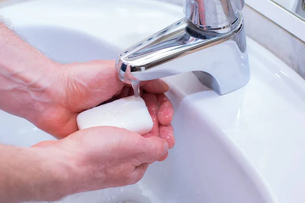 Man Washing His Hands Soap Bathroom Man Hand Close Hand — Stock Photo, Image