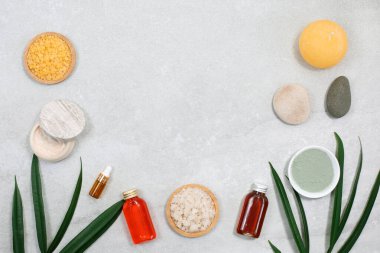 Spa ürünü bileşimi ve palmiye yaprakları ve masaj fırçası ile doğal kozmetik, yukarıdan görünüm, boşluğu kopyala.