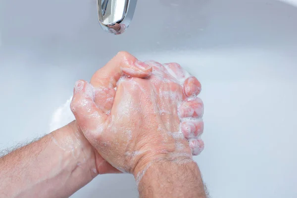 Man Washing His Hands Soap Bathroom Man Hand Close Hand — Stock Photo, Image