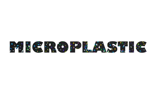 ワードマイクロプラスチックプラスチックプラスチックの小さな粒子から作られました バナーの背景 トップビューのフラットレイアウト マイクロプラスチック問題 — ストック写真