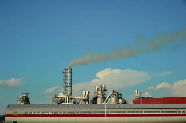 Smoke from the chimney of a wood processing plant rises into the sky polluting the environment. — Stock Photo, Image