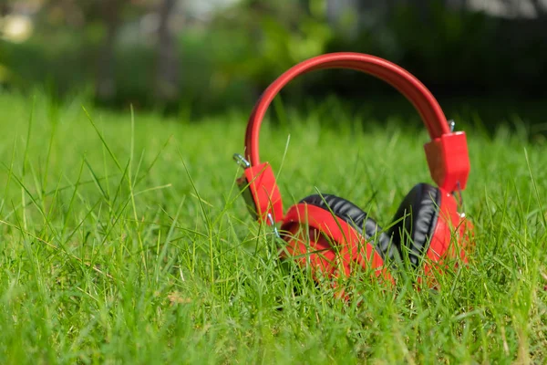 Sluchátka na trávě, Selektivní ostření. — Stock fotografie