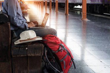 Dizüstü bilgisayar kullanarak ile oturan iş adam. tren, seyahat çantası 