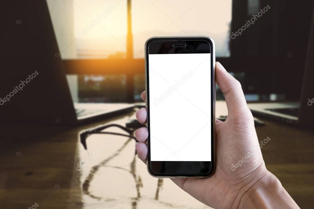 Close up man hold smartphone with blank screen mobile and busine