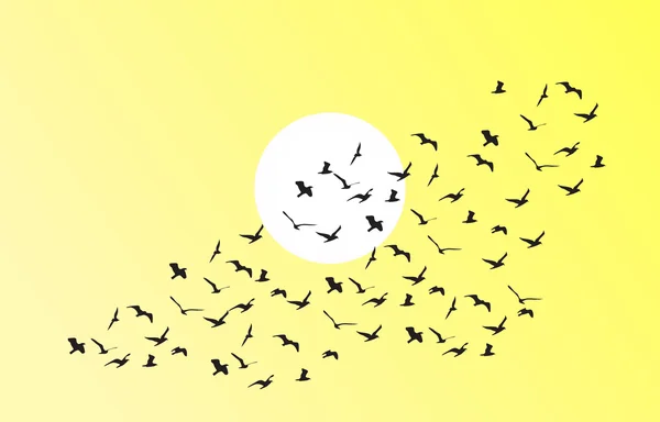 Vector flock of flying birds towards bright sun — Stock Vector