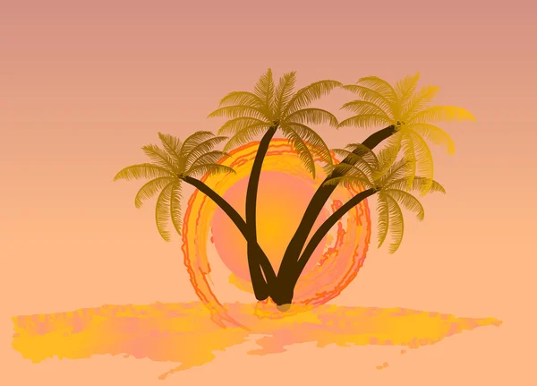 Watercolor sun with palm tree. Vector — Stock Vector