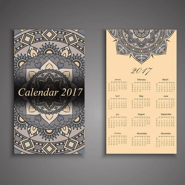 Calendário vetorial 2017 com elementos decorativos. Vetor mandala de — Vetor de Stock