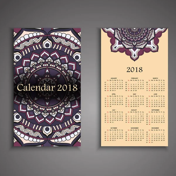 Vector calendar 2018 with decorative elements. Vector mandala de — Stock Vector