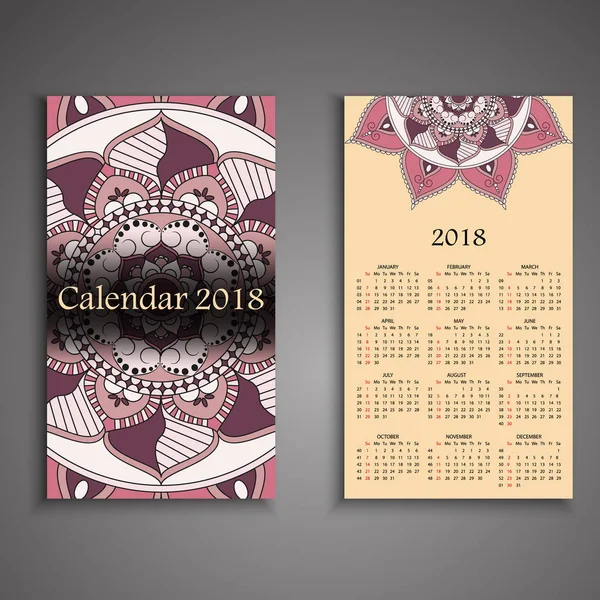 Vektorkalender 2018 mit dekorativen Elementen. Vektor Mandala de — Stockvektor