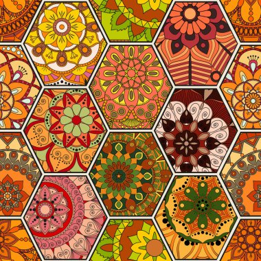 Lüks oryantal kiremit seamless modeli. Renkli çiçek patchwork