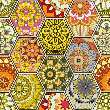 Lüks oryantal kiremit seamless modeli. Renkli çiçek patchwork