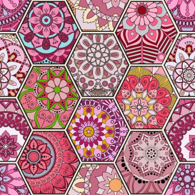 Lüks oryantal kiremit seamless modeli. Renkli çiçek patchwork
