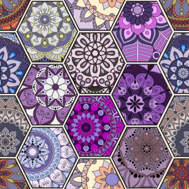 Lüks oryantal kiremit seamless modeli. Renkli çiçek patchwork