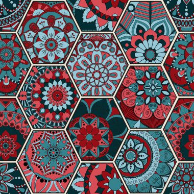 Lüks oryantal kiremit seamless modeli. Renkli çiçek patchwork