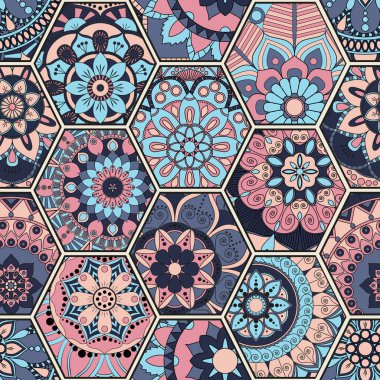 Lüks oryantal kiremit seamless modeli. Renkli çiçek patchwork