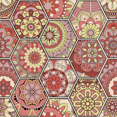 Lüks oryantal kiremit seamless modeli. Renkli çiçek patchwork