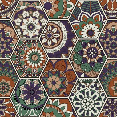 Lüks oryantal kiremit seamless modeli. Renkli çiçek patchwork