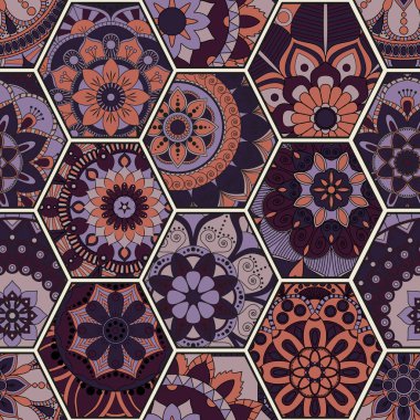 Lüks oryantal kiremit seamless modeli. Renkli çiçek patchwork