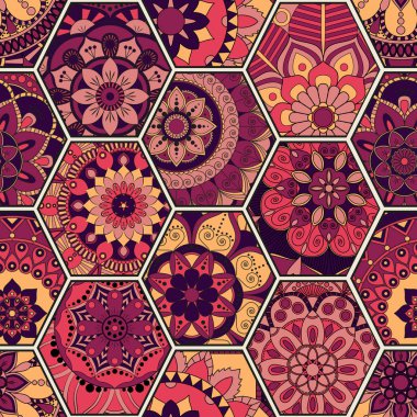 Lüks oryantal kiremit seamless modeli. Renkli çiçek patchwork