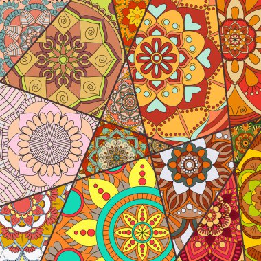 Patchwork desen. Vintage dekoratif öğeler. Elle çizilmiş backg